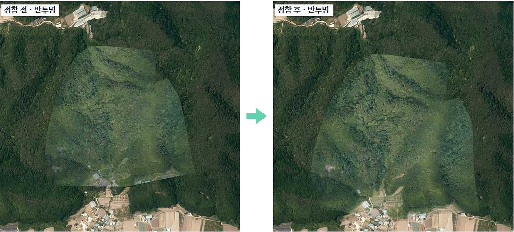 정합 전후 비교 — VWorld 항공사진 위에 정사영상을 반투명으로 겹친 화면